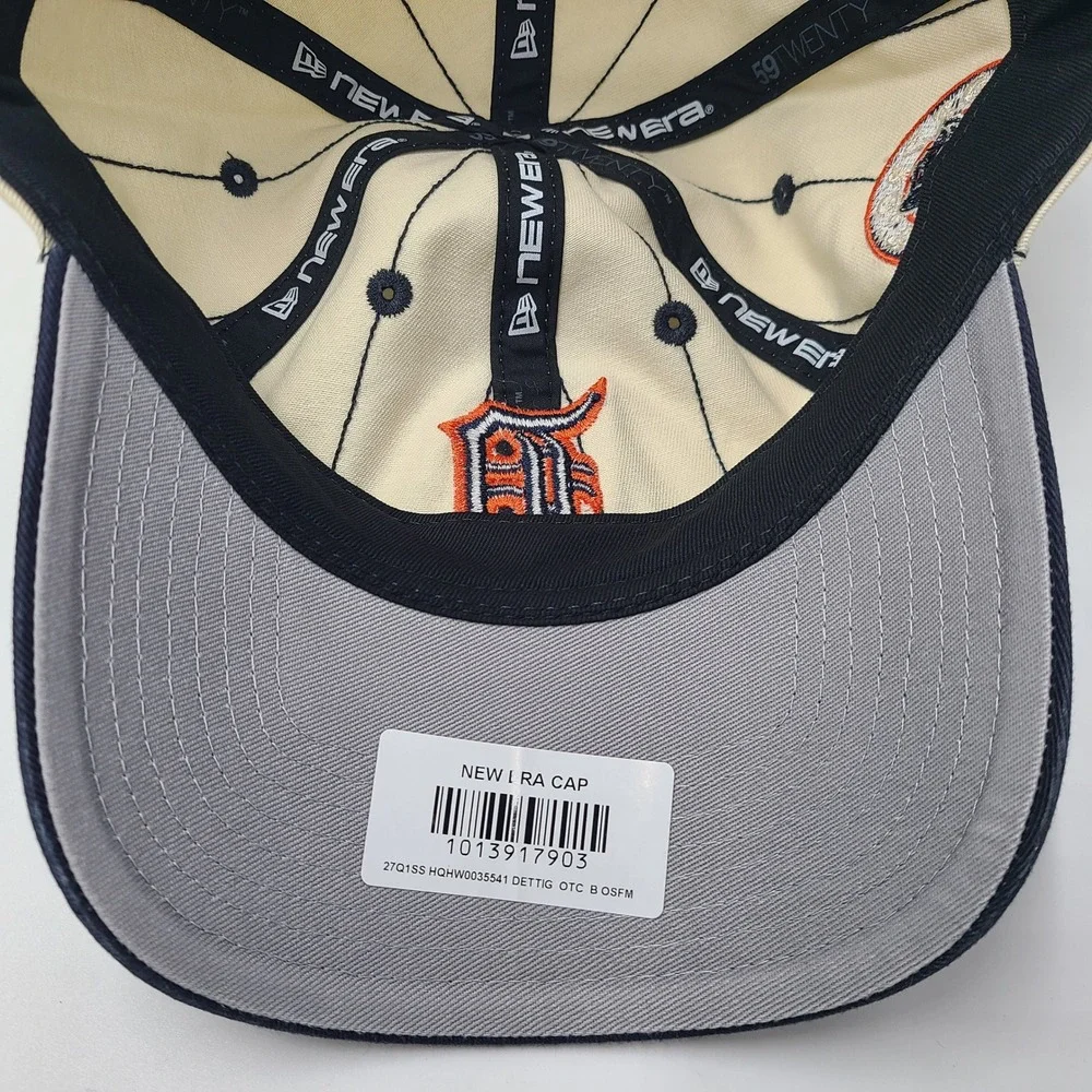 Detroit Tigers Hat Fitted 7 1/2 New Era 59Twenty Beige Blue MLB Pinstripes Men